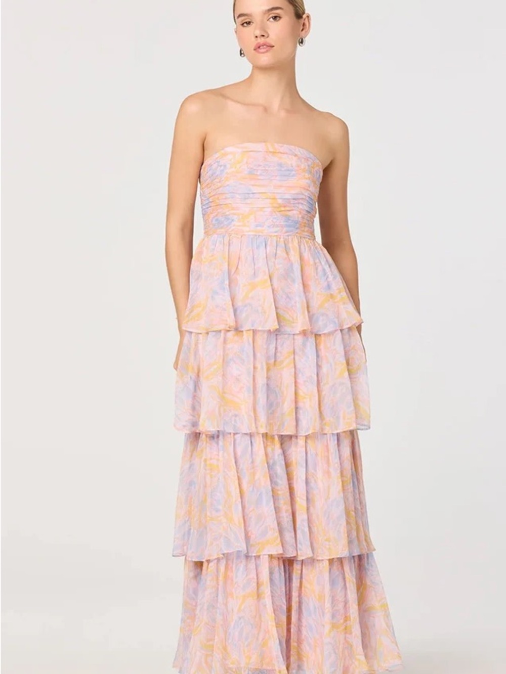 ASTR Strapless Tiered Maxi Dress in Pastel Pink and Lavender